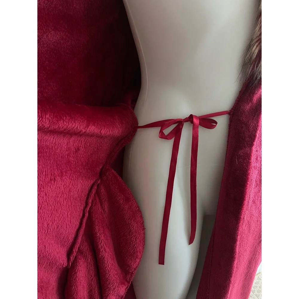 Adrienne Landau Womens Red Faux Fur Trim Plush Fleece‎ Long Robe M/L Loungewear